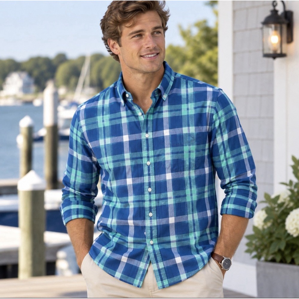 Bonobos Men's Large Standard Fit Blue Green Plaid Long Sleeve Button Down Shirt
